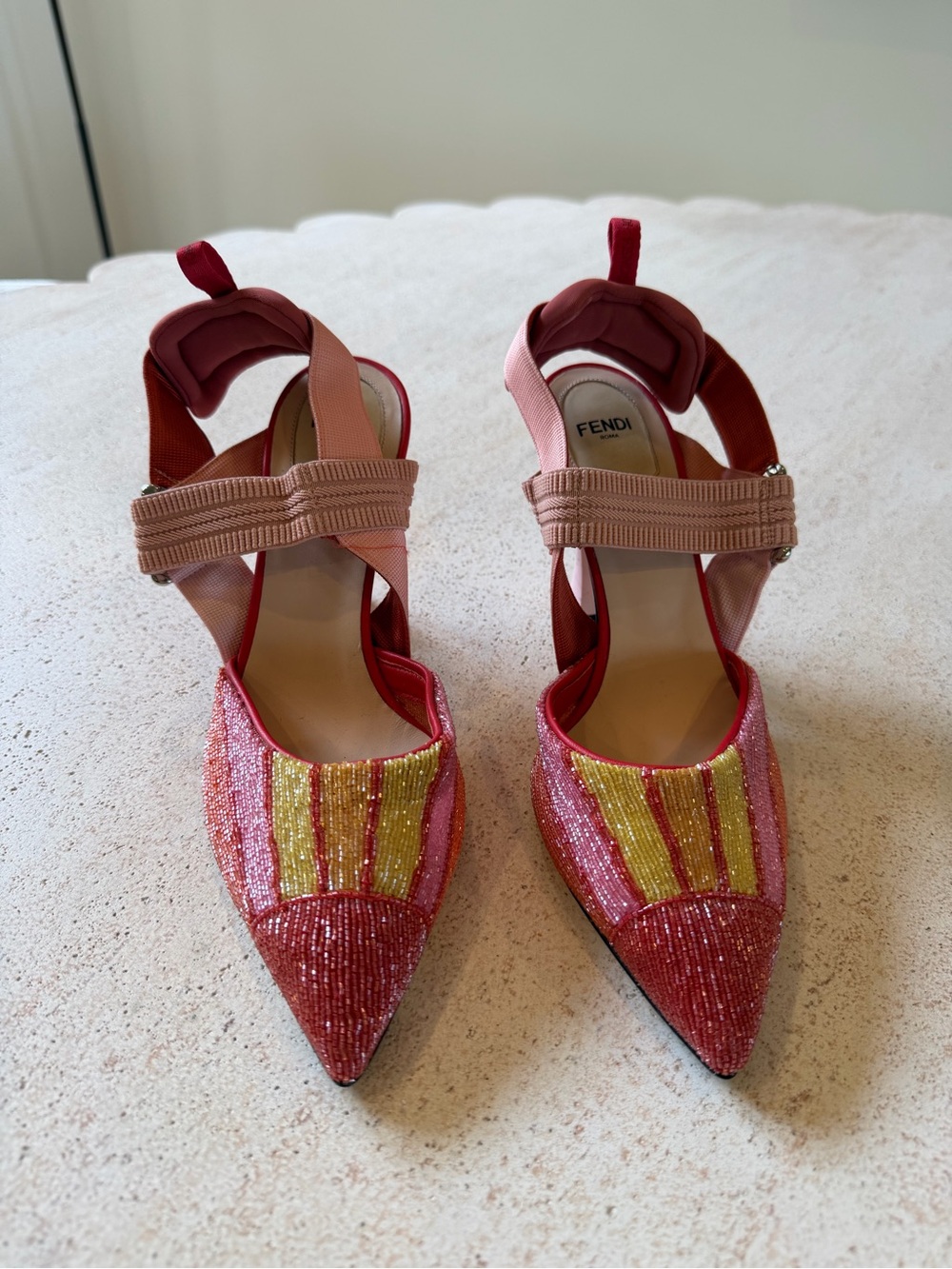 Fendi Pink, Red & Gold Beaded Pointed-Toe Slingbacks